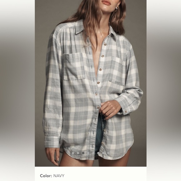 NWT new medium Anthropologie pilcro Hadley button down shirt blue plaid flannel - Picture 1 of 17